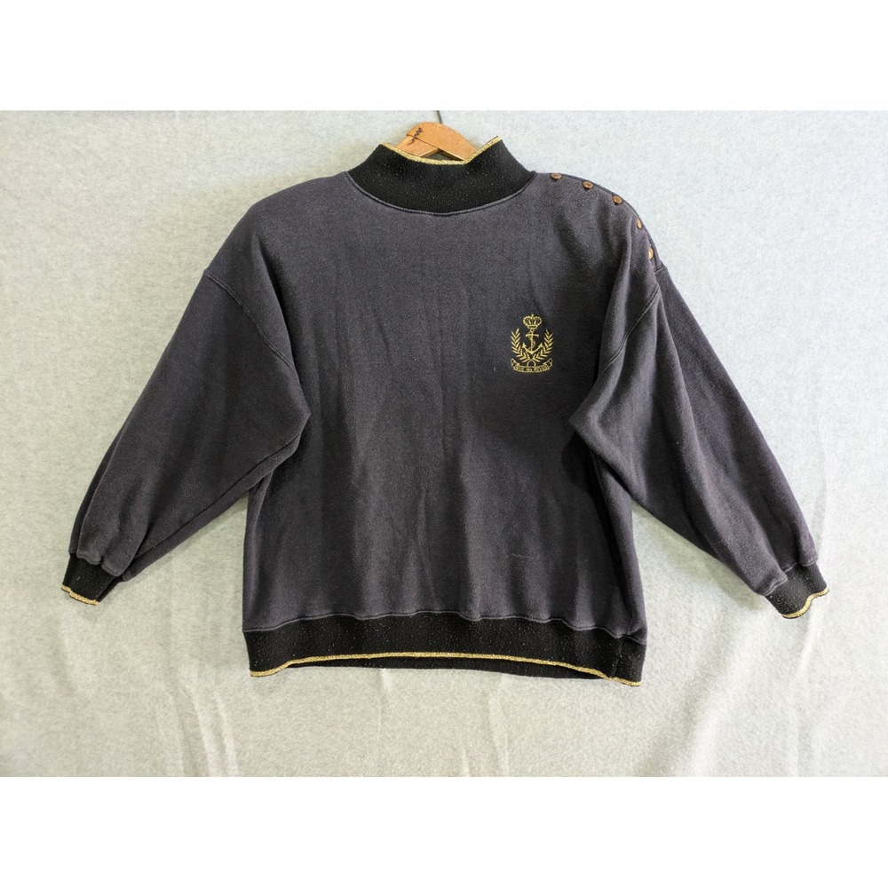 Croquet‎ Club Sweater Women's Large Gray Black Pullover Mock Neck Button Vintage